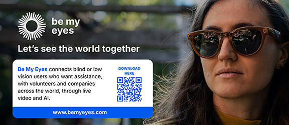 A woman wearing smart glasses; the Be My Eyes logo