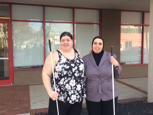 Cayte Mendez and Ronza Othman standing outside near the BCPS building where the training for BCPS human resources staff took place.
