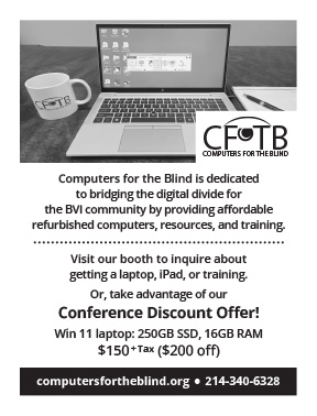 A laptop computer on desk with a coffee cup and the Computers for the Blind logo