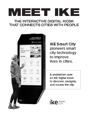 A pedestrian uses an IKE digital kiosk to discover, navigate, and access the city and Ike Smart City logo