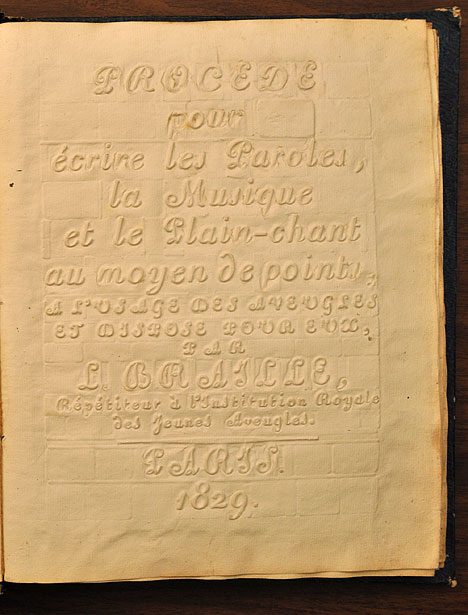 The embossed title page of Louis Braille's book.