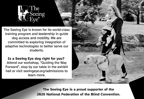  Seeing Eye logo; a mother carrying an infant in a baby carrier while enjoying a walk through a park. She is being guided by her yellow lab dog