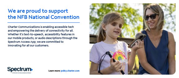 A young blind girl with a white cane and mobile phone sitting on a bench with her mother; the Spectrum logo