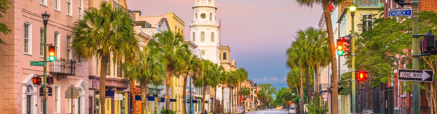 A Charleston, South Carolina city street including buildings and sidewalks.