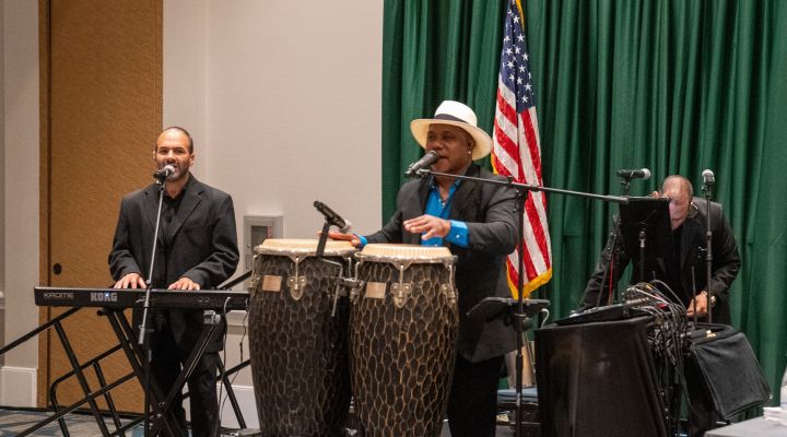 Mariachi band plays the bongo and keyboard