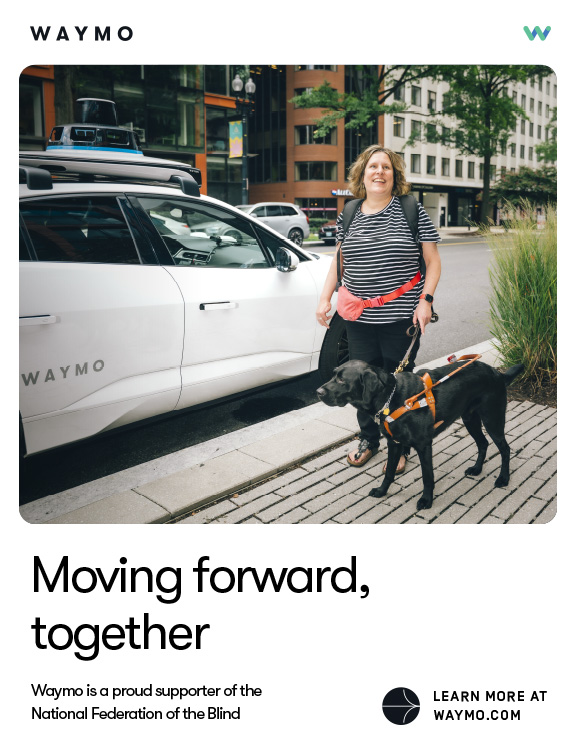 A woman with a black guide dog getting into a Waymo car